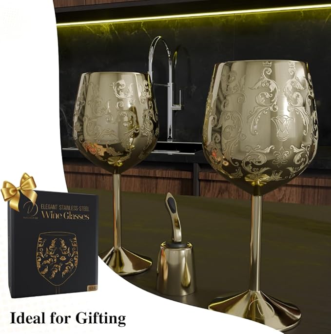 Mother’s Day Gift for Mom – Set of 2 Gold Stainless Steel Wine Glasses, 17oz Engraved Goblets with Bottle Stopper, Unbreakable Elegant Wine Cups, Gift for Women, Wife, Mom, Sister