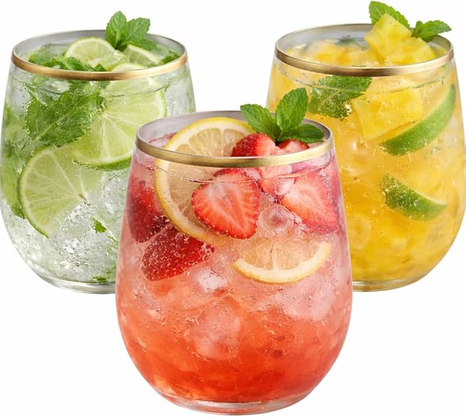 Oojami 48 piece Stemless Unbreakable Crystal Clear Plastic Wine Glasses Set of 48 Small (10 Ounce - Gold Rim)