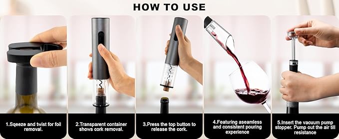 Electric Wine Opener Set, Battery Powered Wine Bottle Opener with Foil Cutter, Vacuum Stopper, Wine Pourer & Storage Base, Automatic Corkscrew Kit for Wine Lovers, Gift for Men Women (Black)