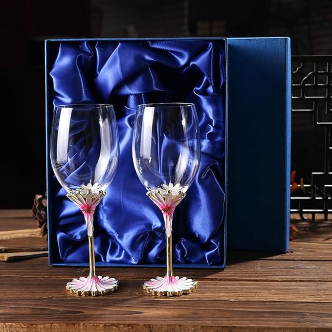 Simcat Handmade Painted Enamel Flower Glass Wine Glasses Transparent Refined Goblet, Stem For Cabernet, Gifts (pink single gift box,small flower)