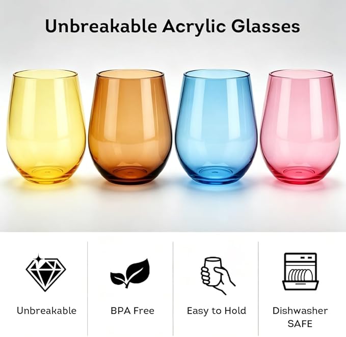 Lily's Home Set of 8 Shatter-Resistant Acrylic Stemless Wine Glasses - 14 oz for Poolside, Parties, Patio & Outdoor Indoor Use, BPA-Free Plastic Drinkware in Mixed Colors
