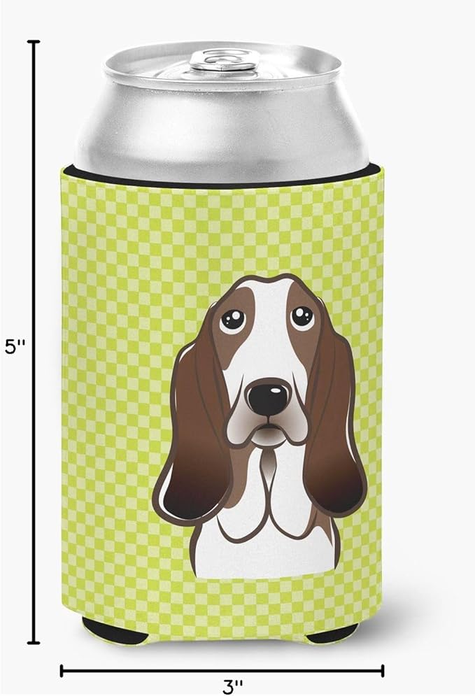 Caroline's Treasures BB1305CC Checkerboard Lime Green Basset Hound Can or Bottle Hugger Cooler Washable Drink Sleeve Collapsible Beverage Insulated Holder, Can Hugger, Multicolor