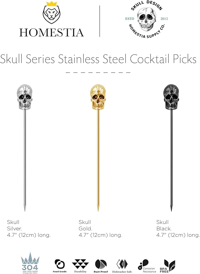 Homestia 6 Pcs Metal Cocktail Picks, 4.7 Inch Black Skull Martini Toothpicks Stainless Steel Reusable Appetizer Skewers for Halloween Party Drinks Fruit Sandwiches
