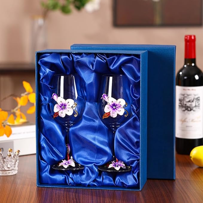 Simcat Handmade Painted Enamel Flower Glass Wine Glasses Transparent Refined Goblet, Stem For Cabernet, Gifts (purple double gift box1)