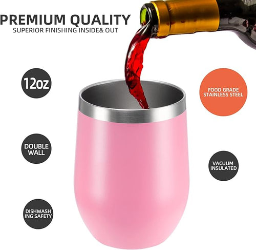 12 oz Insulated Wine Tumbler with Lid and Straw,Stainless Steel Stemless Wine Tumbler Glasses Double Wall Vacuum Wine Cups Tumbler Bulk for Coffee,Champaign,Cocktail,Office（Pink,1）