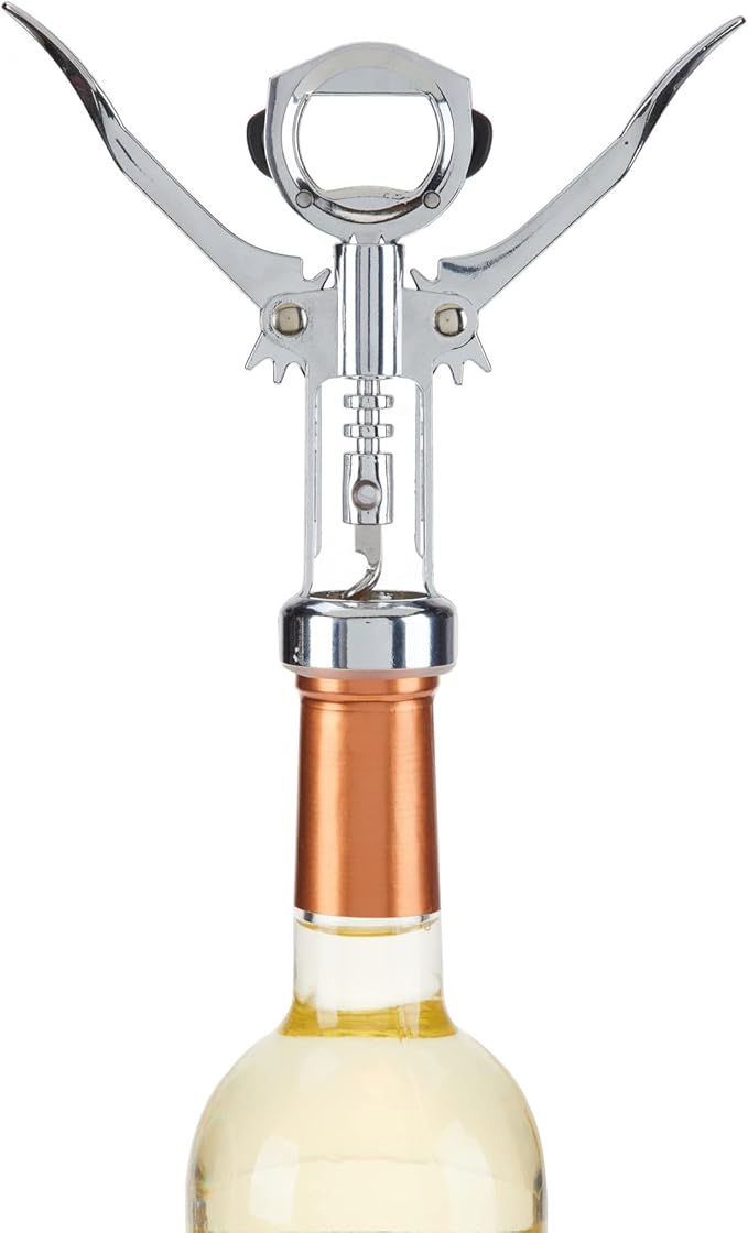 True Winged Corkscrew Wine Opener Manual, Heavy Duty Stainless Steel with Chrome Finish Cork Openers, Home Bar Accessories, Bar Tools, Set of 1 Silver
