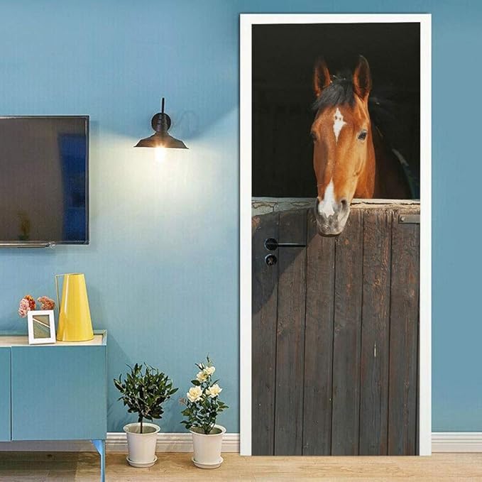 Horse 3D Door Stickers Murals - Peel & Stick Waterproof Washable Matt Finish Rustic Style Animal Print Rectangular 33.9" x 78.7" 2 Pieces