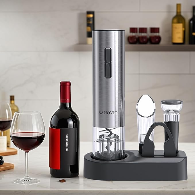 6-in-1 Electric Wine Opener Set - Rechargeable Automatic Corkscrew with Vacuum Sealer, Wine Aerator, Foil Cutter & Charging Base,Valentine's Day Gifts, Wine Lovers (Stainless Steel)