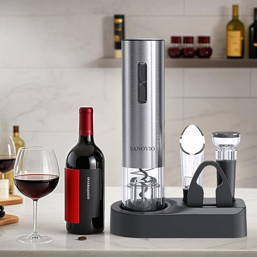 6-in-1 Electric Wine Opener Set - Rechargeable Automatic Corkscrew with Vacuum Sealer, Wine Aerator, Foil Cutter & Charging Base,Valentine's Day Gifts, Wine Lovers (Stainless Steel)