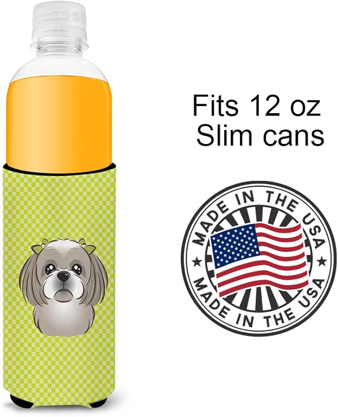 Checkerboard Lime Green Shih Tzu Ultra Beverage Insulators for slim cans