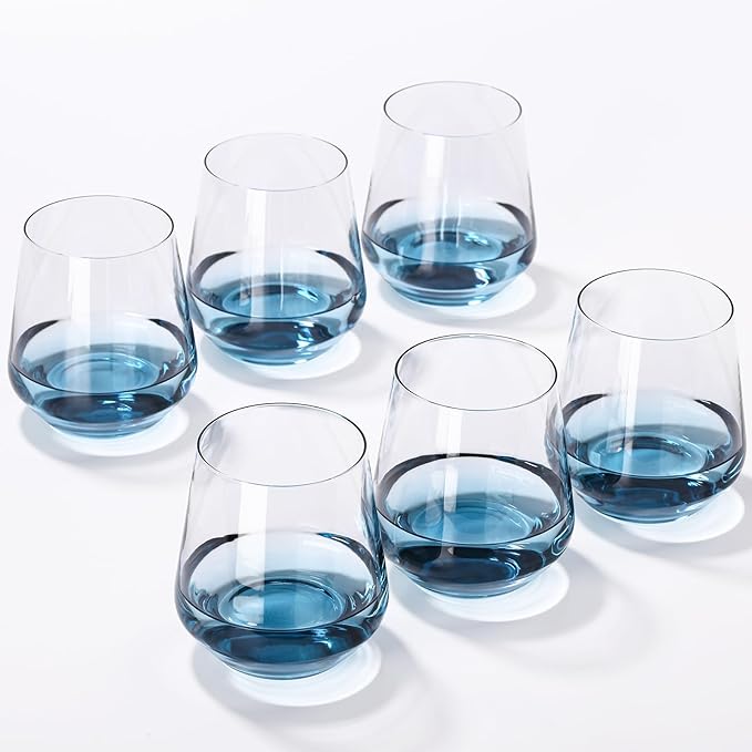 JOVGANK Blue Stemless Wine Glasses Set of 6 - Hand Blown White Red Stemless Wine Glass - 17 oz, [Lead-Free Crystal Glass] Large Short Glass Tumblers, Housewarming Gifts and Mother's Day Gift
