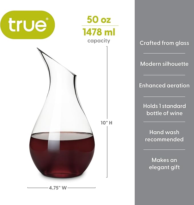 True Centerpiece Tabletop Clear Glass Decanter, Modern Carafe for Red and White Wine, Elegant Glass Pitcher for Wedding Gifts, Birthday Gifts, Home Bar Accessories, 50 oz (1.5 L), Set of 1