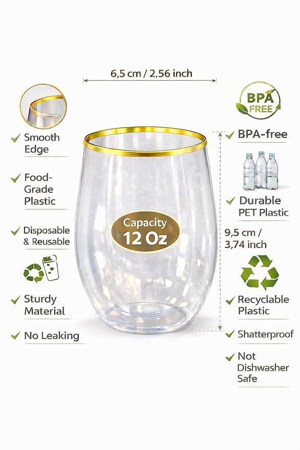 Plastic Wine Glasses Stemless Disposable 12 oz with Gold Rim - 30 Guests Party Drinkware Set, 30 Plastic Cups, 30 Napkins & 50 Cocktail Picks - BPA-Free, Shatterproof, Reusable, Recyclable