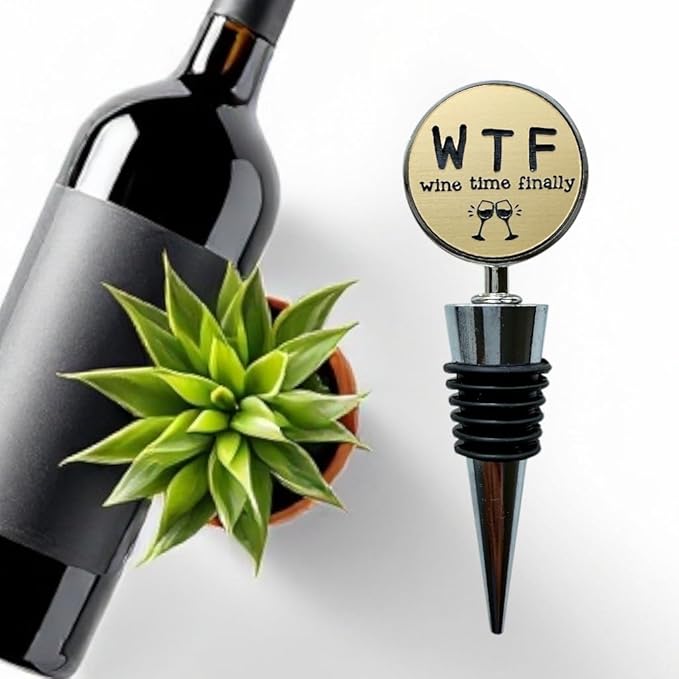 Jazzy Jade Designs Funny Wine Stopper - “Wine Time Finally!” Laser Engraved Zinc Alloy & 100% Food-Grade Rubber Bottle Stopper - Cute Wine Gift & Bar Accessory, Made in USA by Small Business
