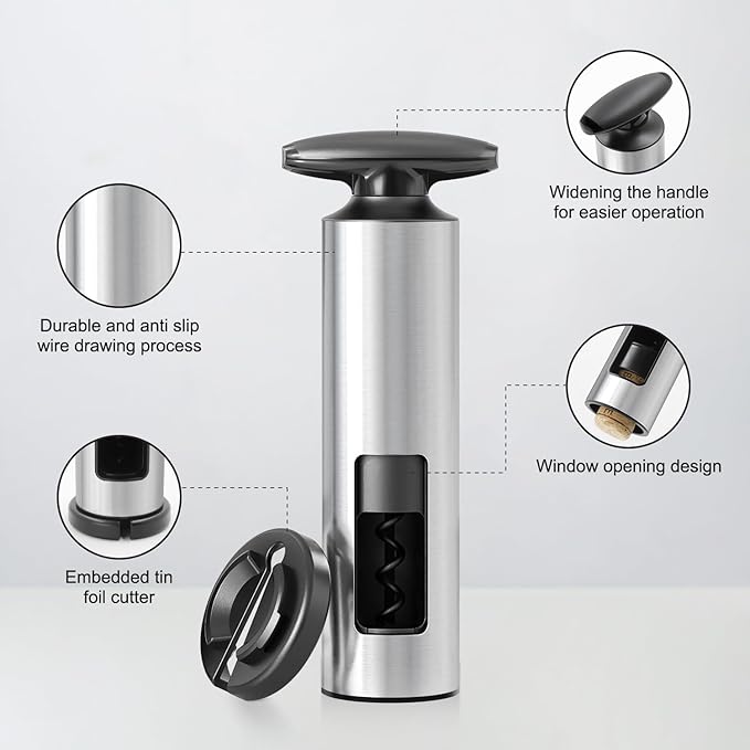 Effort-Saving Wine Opener by ELMWAY, Sleek Self-Pull Manual Corkscrew with Foil Cutter, Stainless Steel Body, Easy to Use & Eco-Friendly for Home & Parties - Silver