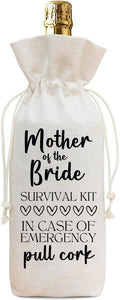 Buildinest Mother Of The Bride Wine Bag Gift, Mother of the Bride Survival Kit Wine Bottle Gift Bag Gifts for Mom Mothers Day Gift Wedding Party Thank You Gifts Reusable Linen Pull Cork Gift Bag-A11