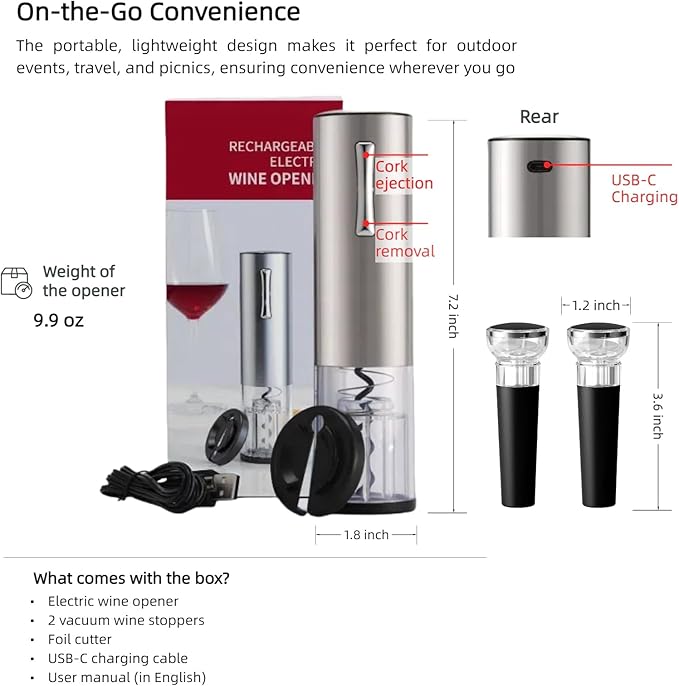 Electric Wine Opener Set, Rechargeable With 2 Vacuum Stoppers, Foil Cutter, Battery-Powered Corkscrew - Wine Lovers Present