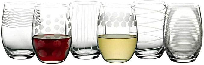 Mikasa Cheers Stemless Etched Wine Glasses, Fine European Lead-Free Crystal, 17-Ounces for Red or White Wine - Set of 6