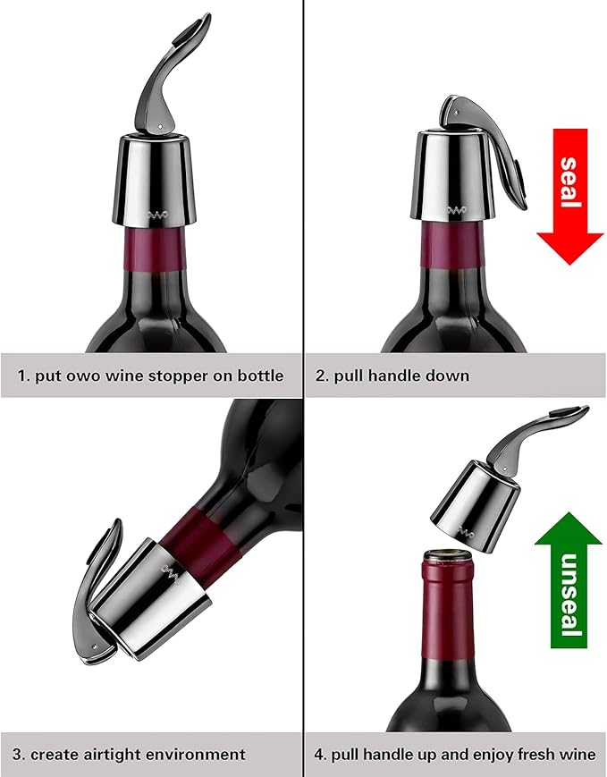 OWO Stainless Steel Wine Bottle Stopper, Reusable Wine Saver with Silicone Seal, Decorative Bottle Sealer, Keeps Fresh (Triple colors, 3 Pack)
