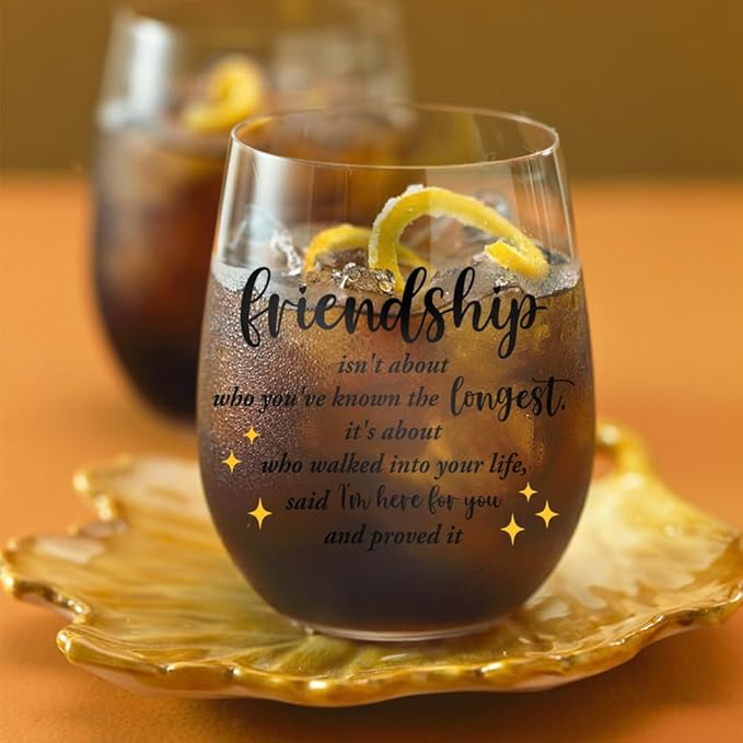DYJYBMY Friendship Isn't About Who You've Known The Longest Stemless Wine Glass With Gifts Box, Friendship Wine Tumbler, Housewarming Parting Gifts For Long Distance Friend Confidant Bestie
