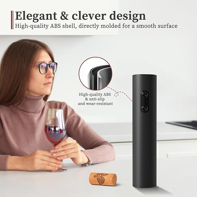 Battery Operated Wine Opener by ELMWAY, Electric Corkscrew & Wine Bottle Opener, Gift for Wine Lovers and Wine Accessories for Home Bars - Black (Foil Cutter & 4 x AA Not Included)