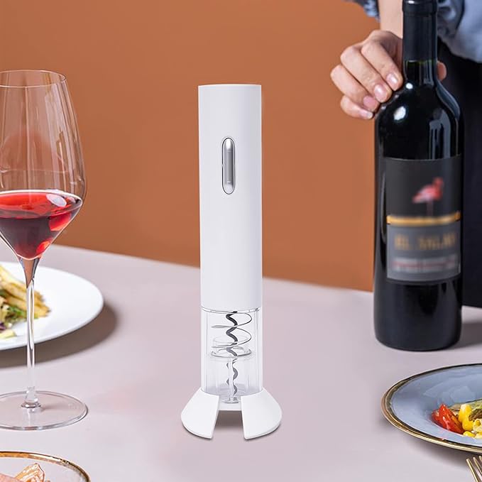 Electric Wine Opener with Foil Cutter Automatic Corkscrew for Red Wine Bottles Battery Powered Easy to Use White Finish Includes Stainless Steel Hook
