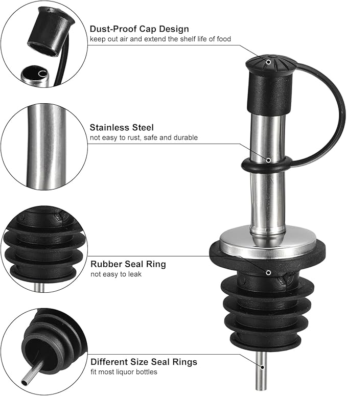 uxcell Stainless Steel Bottle Pourers, 4Pcs 90mm/3.54" Olive Oil Spout with Rubber Dust Caps, Wine Pourers Liquor Pour Spouts for Pours Liquid, Wine, Vinegar, Most Liquor Bottles (Black)
