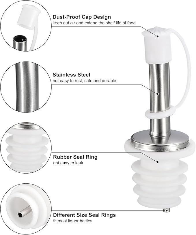 uxcell Stainless Steel Bottle Pourers, 4Pcs 75mm/2.95" Olive Oil Spout with Rubber Dust Caps, Wine Pourers Liquor Pour Spouts for Pours Liquid, Wine, Vinegar, Most Liquor Bottles (White)
