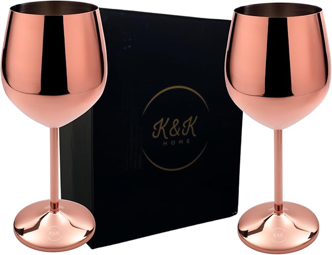 K&K Home Rose Gold Stainless Steel Unbreakable Wine Glasses - 18 oz - Set of 2 Colored, Stemmed Metal Wine Glasses Perfect for Outdoors, Weddings, and Parties (Rose Gold, Set of 2)