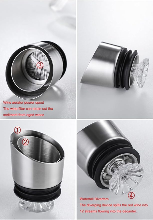1000ml Glass Wine Decanter, Wine Carafe with Built-in-Aerator, Wine Aerator, Stainless Steel Pourer Lid, Filter, Wine Hand-held Aerator