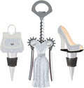 FASHION WINE SET 3PCS. WINGED CORKSCREW, HIGH HEEL WINE STOPPER, PURSE WINE STOPPER. FASHION WINE GIFT SET. WHITE AND SILVER, GLITTER