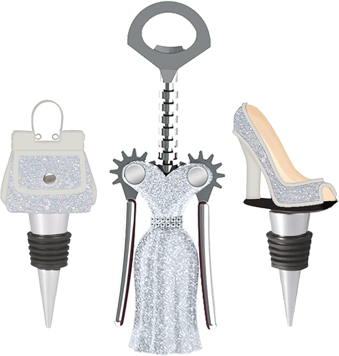 FASHION WINE SET 3PCS. WINGED CORKSCREW, HIGH HEEL WINE STOPPER, PURSE WINE STOPPER. FASHION WINE GIFT SET. WHITE AND SILVER, GLITTER