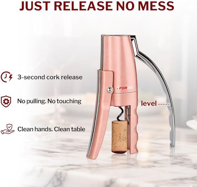Forge Quality Compact Vertical Lever Corkscrew Wine Opener with Foil Cutter. 3 Seconds to Open a Bottle of Wine. Pink.