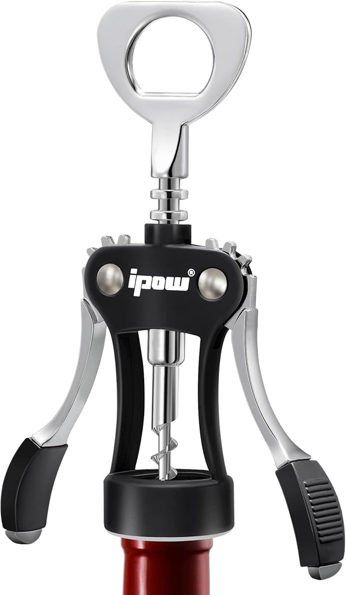 IPOW Wine Opener, Zinc Alloy Wine Bottle Opener, Wing Corkscrew Heavy Duty, Manual Multifunctional Cork Screw for Waiter, Black