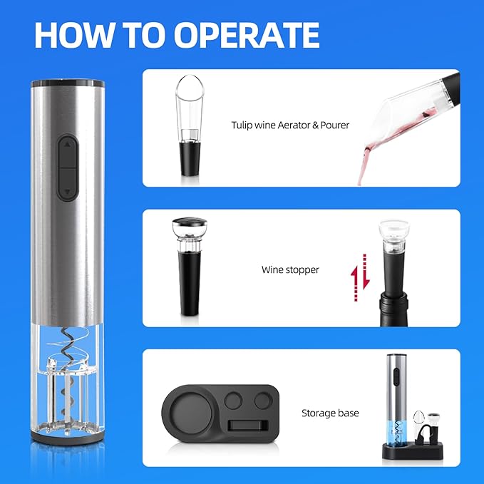 Liuzouwin5-in-1 ElectricWine Bottle Opener Set Battery Operated Reusable Corkscrew with Storage Base, Foil Cutter, Wine Pour& Wine Stopper (Silver)