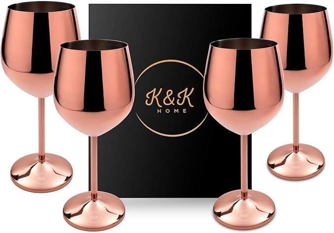 K&K Home Rose Gold Stainless Steel Unbreakable Wine Glasses - 18 oz - Set of 4 Colored, Stemmed Metal Wine Glasses Perfect for Outdoors, Weddings, and Parties