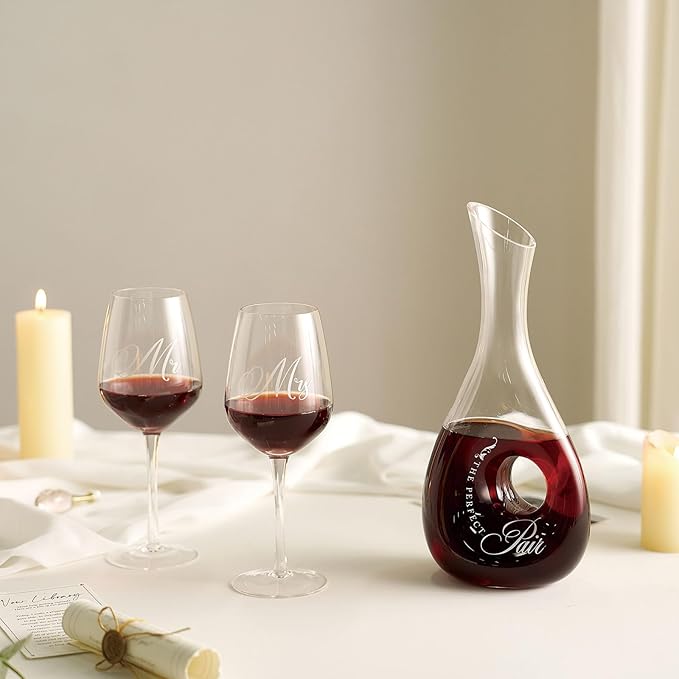 AW BRIDAL Mr and Mrs Wine Glasses for Couples Wedding and Bridal Shower, 2026 Engagement Gift for Newlyweds, Anniversary Wine Glasses with Decanter Couple Gifts