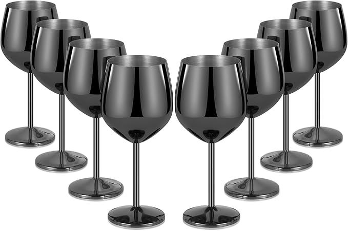 Lifecapido Stainless Steel Wine Glasses Set of 8, 18oz Stainless Steel Wine Goblet, Black Metal Wine Glasses with Cup Brush for Party, Office, Wedding, Anniversary, Great for Red, White Wine