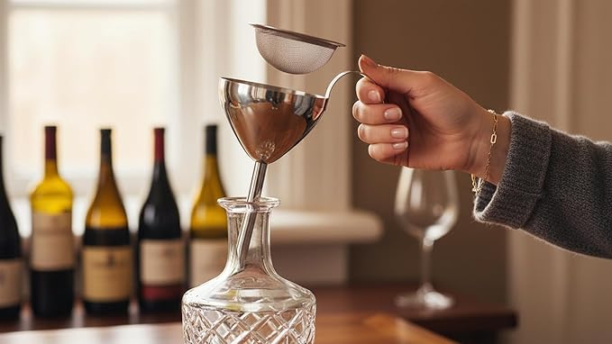 Cilio Stainless Steel Wine Decanting Funnel with Fine Mesh Filter – Silver Modern Wine Aerator Funnel for Sediment Removal & Smooth Pouring