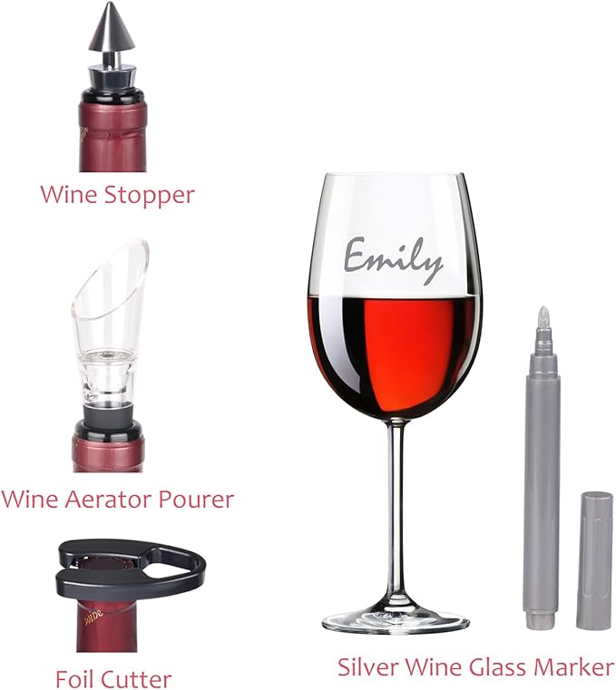 Kato Wine Bottle Accessories Set - Red Wine Corkscrew Opener Kit, Stopper, Aerator Pourer, Foil Cutter, Glass Paint Marker, with Free Drink Stickers, Great Mother's Day Gifts, Grey