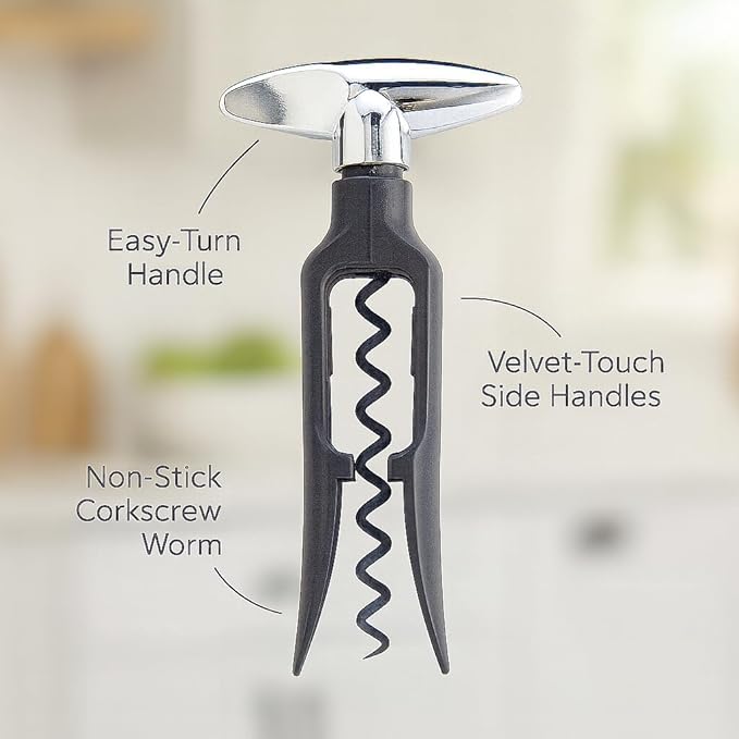 HIC Kitchen Bar Soft-Touch Winged Corkscrew, Easy Removal For Natural And Synthetic Corks, Extra-Long Worm, Built-In Bottle Opener, Wine Accessory