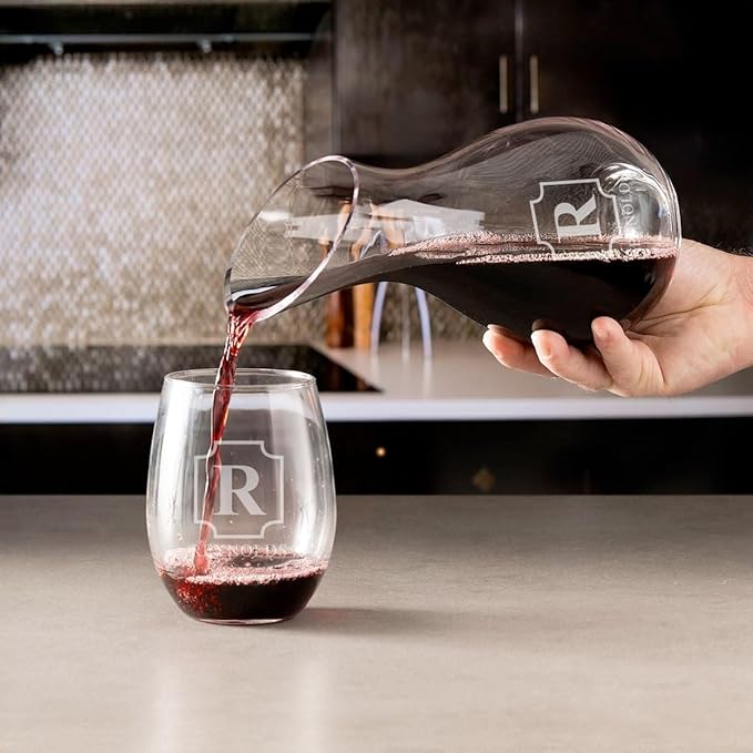 HomeWetBar Engraved Wine Decanter Set With Stemless Wine Glasses - Personalized Wine Carafe Set