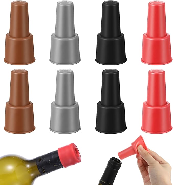 8Pcs Silicone Wine Stopper, Reusable Wine Bottle Stoppers for Champagne & Beer Bottles, Air Tight Seal to Keep Fresh, 4 Colors (Red/Brown/Gray/Black)