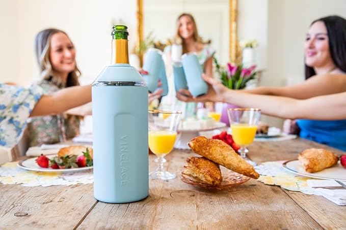 Vinglacé Wine Bottle Chiller- Portable Champagne Insulator- Stainless Steel Wine Cooler Sleeve - Keeps Wine Cold (Cool Blue)