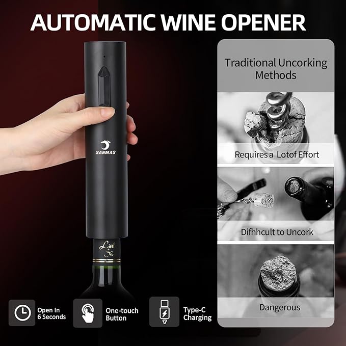 SANMAS Rechargeable Electric Wine Opener Set, 5-in-1 Automatic Corkscrew with Foil Cutter & Wine Aerator Pourer, 2 Vacuum Stoppers, Type-C Cable & Stand | Complete Wine Accessories Kit Gift Box