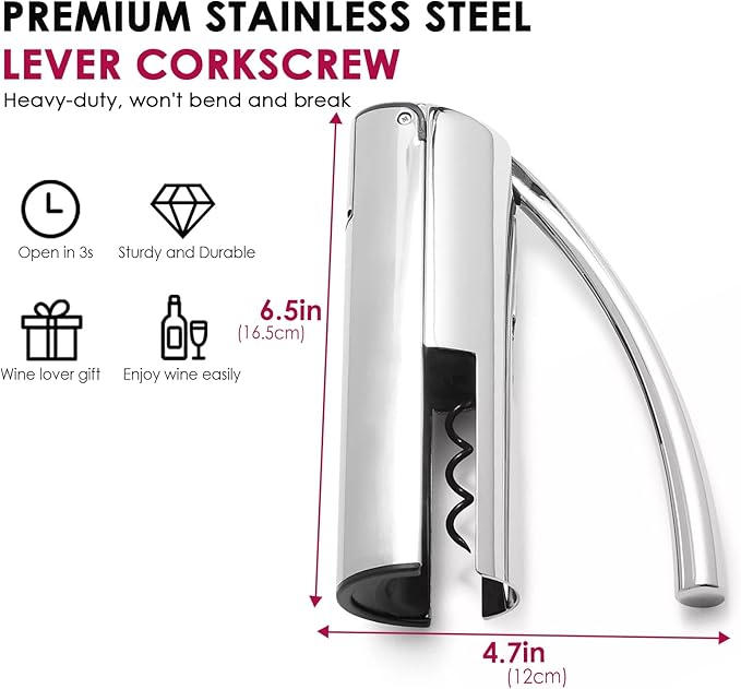 KAYCROWN Wine Opener, Stainless Steel Vertical Lever Corkscrew with Foil Cutter, Extra Spiral and Premium Gift Box, Manual Wine Opener with One-Pull Design, Wine Bottle Opener
