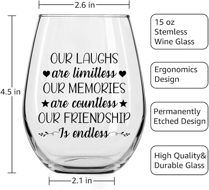 DYJYBMY Our Laughs Are Limitless Our Memories Are Countless Stemless Wine Glass With Gifts Box, Graduation Farewell Gifts For Classmate Friends Bestie, Stemless Glass For Wine Lover, Wedding Eve