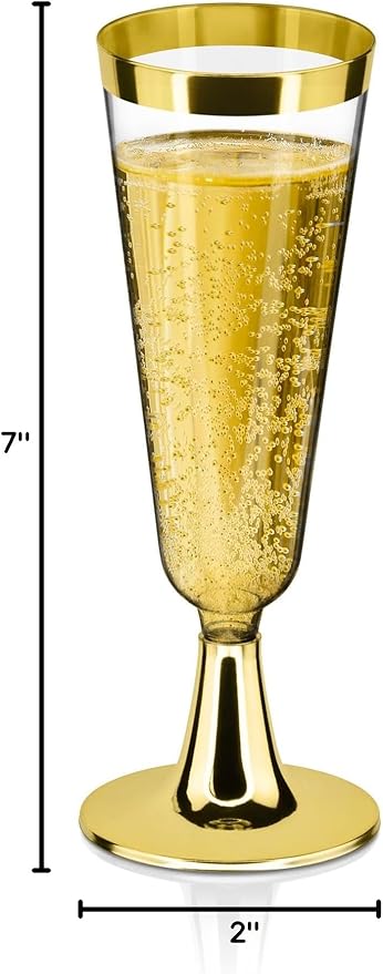 DecorRack 12 Plastic Champagne Flute, 5 Oz -BPA Free- Disposable Wine Glass, Perfect for Outdoor Parties, Weddings, Hosting, Stackable, Reusable, Gold (12 Pack)