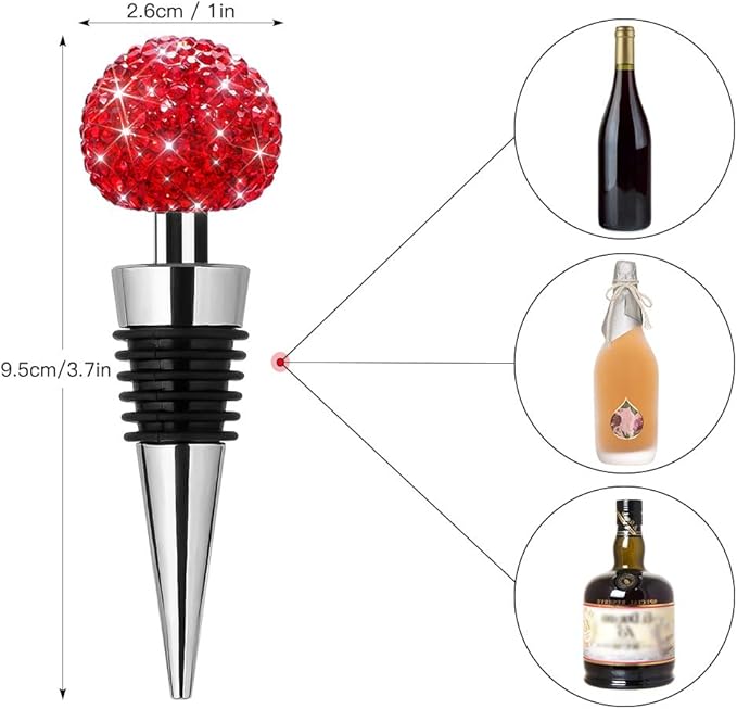 Soleebee Bling Decorative Wine Stoppers,Wine Bottle Stopper with Crystal Rhinestone, Beverage Bottle Stoppers for Gifts, Bar, Holiday Party, Wedding (Red)