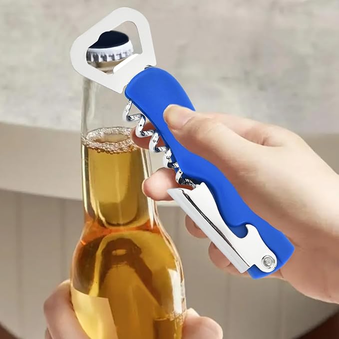 Stainless Steel Wine Key with Foil Cutter:Waiters Corkscrew Opener Beer Bottle Opener (Blue)